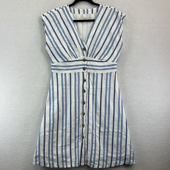 LOFT Women’s Cotton Dress Size 4 Blue & White Stripe Button Front Like New - Picture 1 of 10